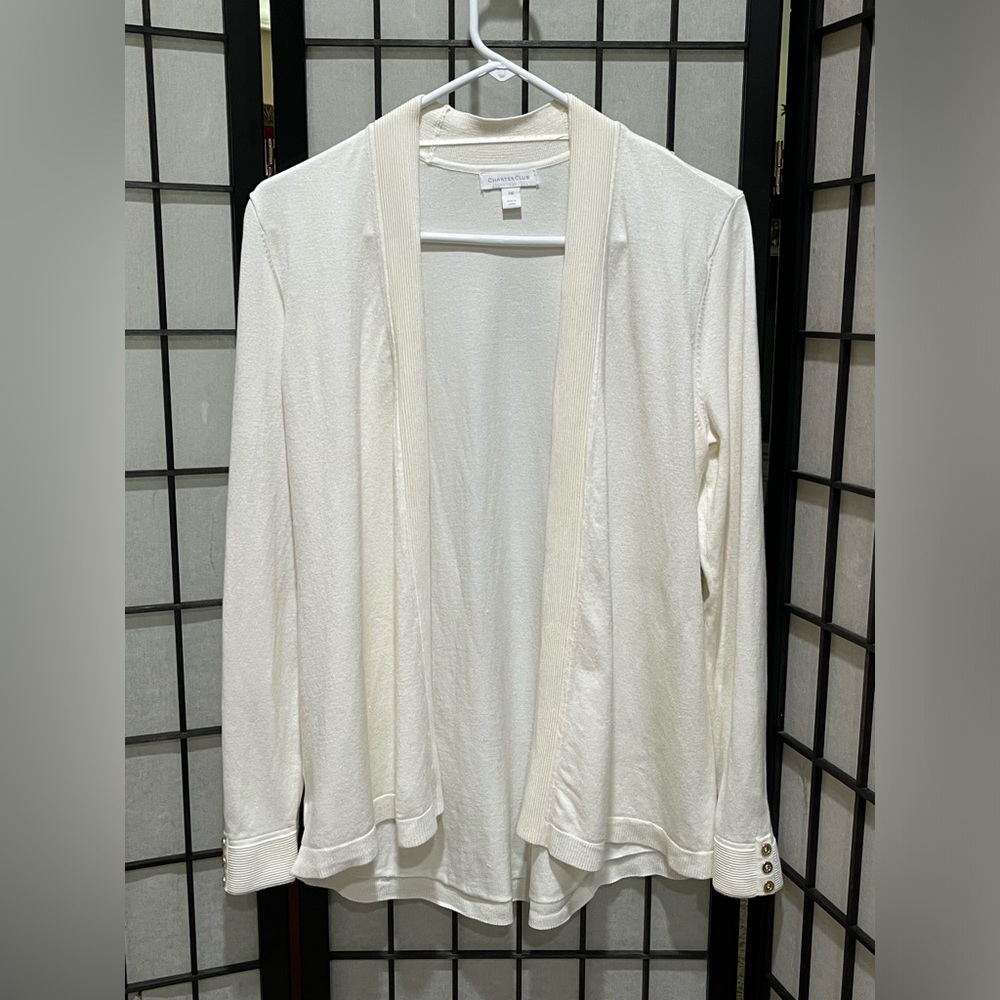 CHARTER CLUB Cream Open Front Cardigan WITH GOLD BUTTON ACCENT, SIZE PM